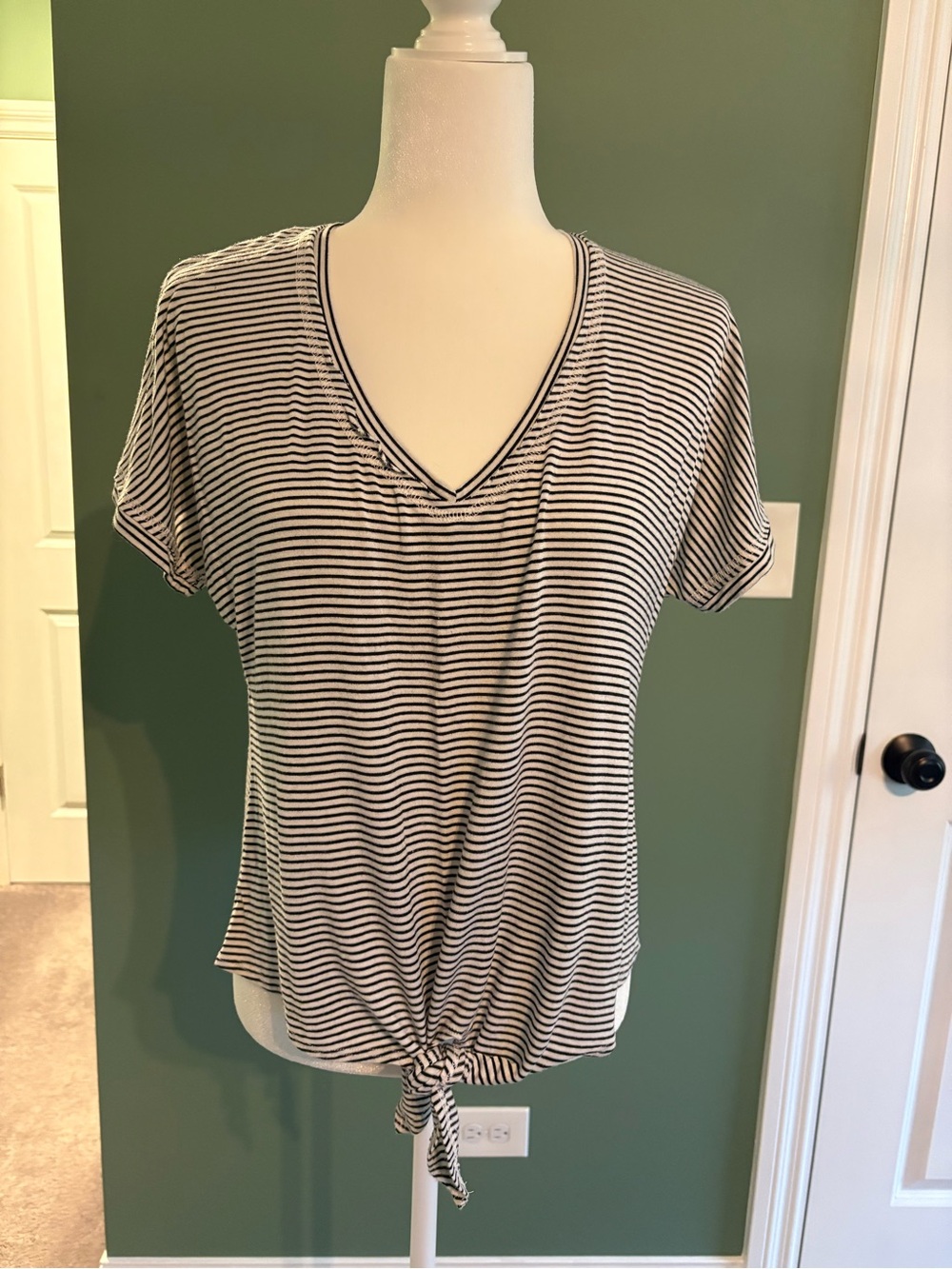 Green Envelope Black & White Striped V-Neck Tie-Front Top